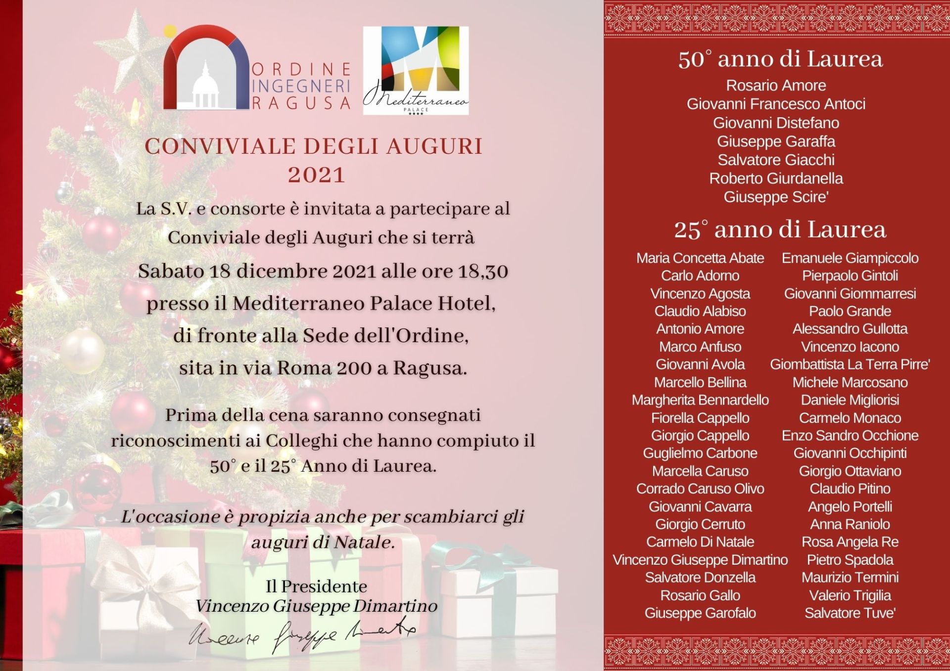 CONVIVIALE DEGLI AUGURI 2021 E CERIMONIA LAUREA 50&deg; E 25&deg;